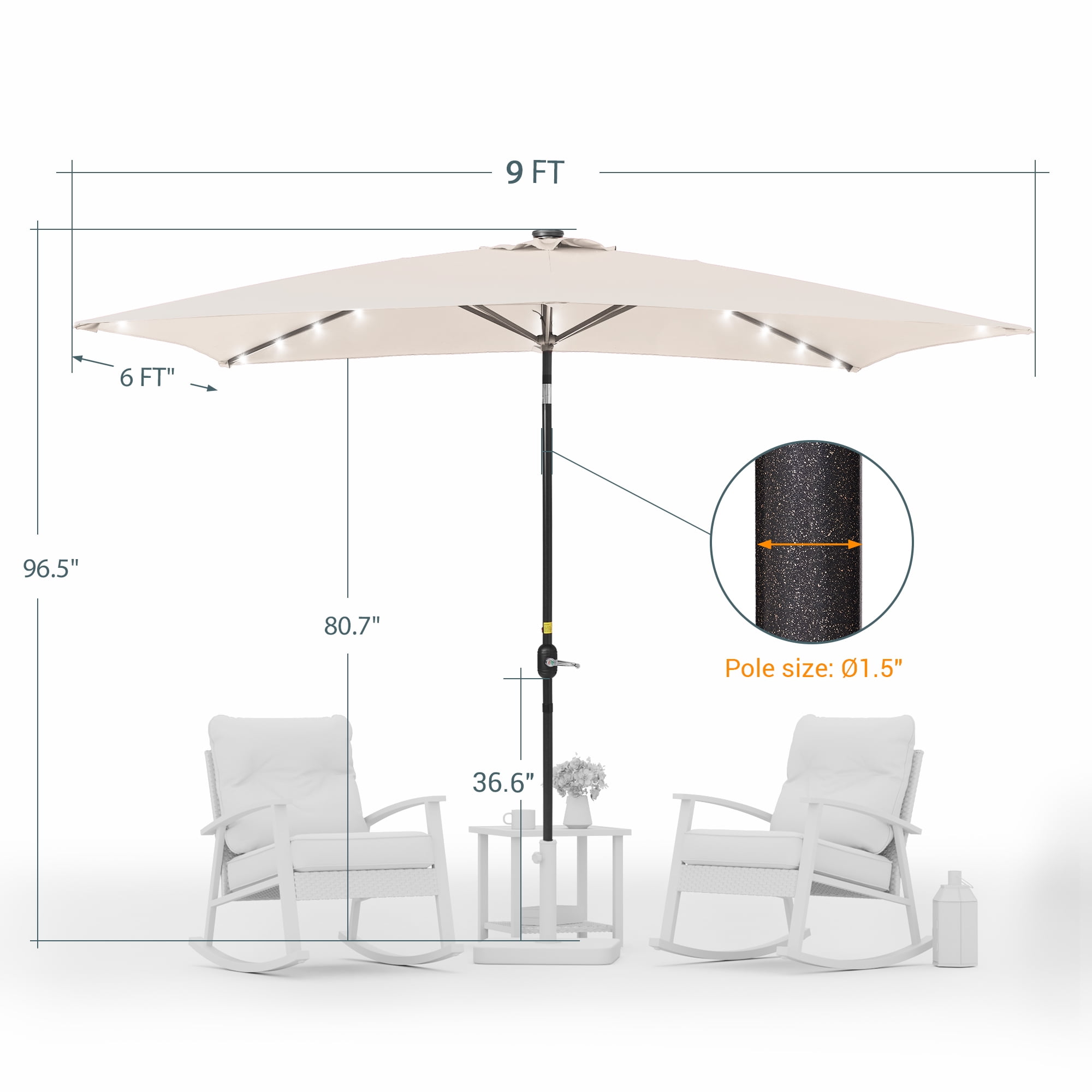 ACEGOSES LED Outdoor Patio 6x9ft Deck Solar Light Market Umbrella, Outside Table Umbrellas With Polyester canopy,Beige