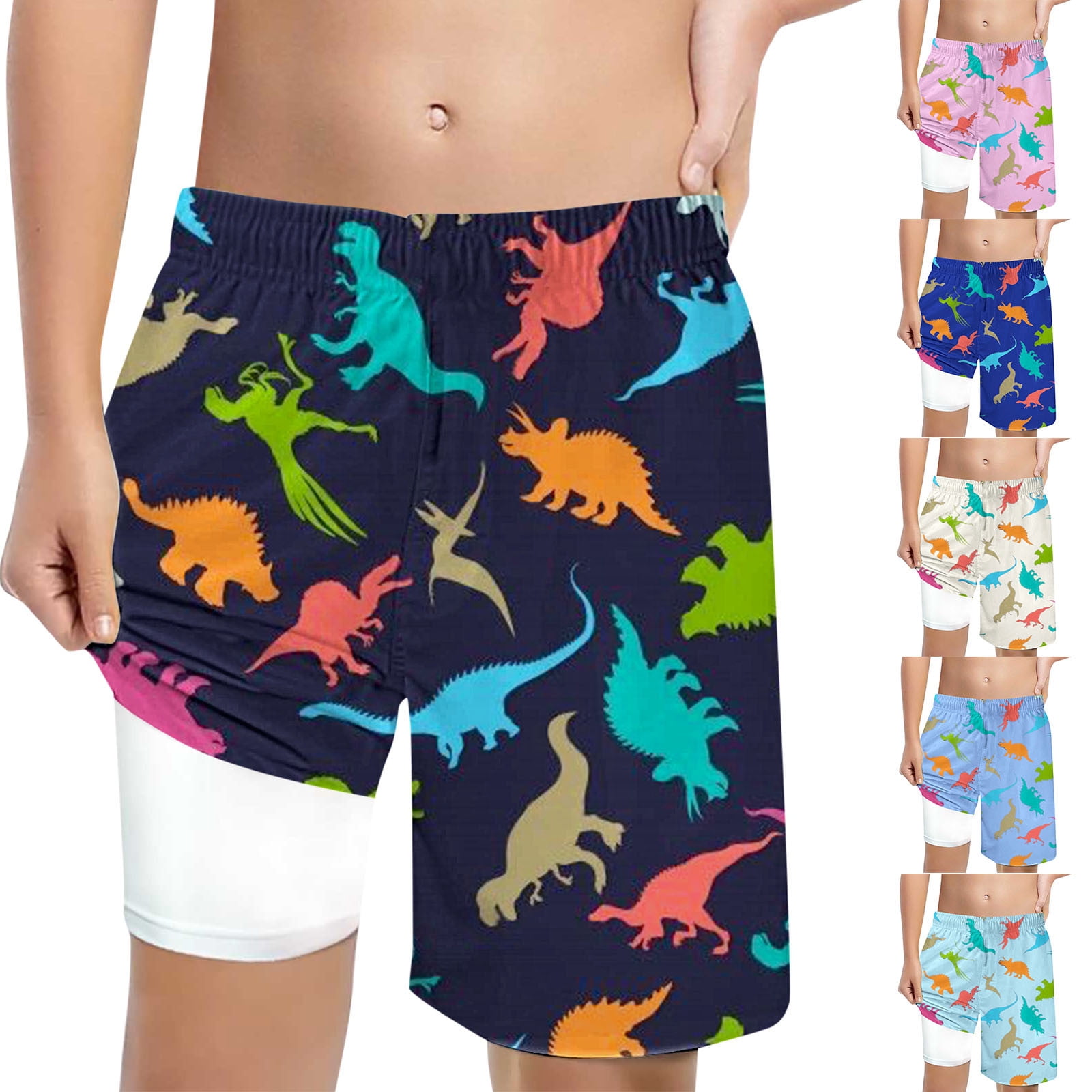 Boy Swim Trunks Kids Loose Casual Swim Shorts Drawstring High Waist Printed Beachwear Light Blue 5T