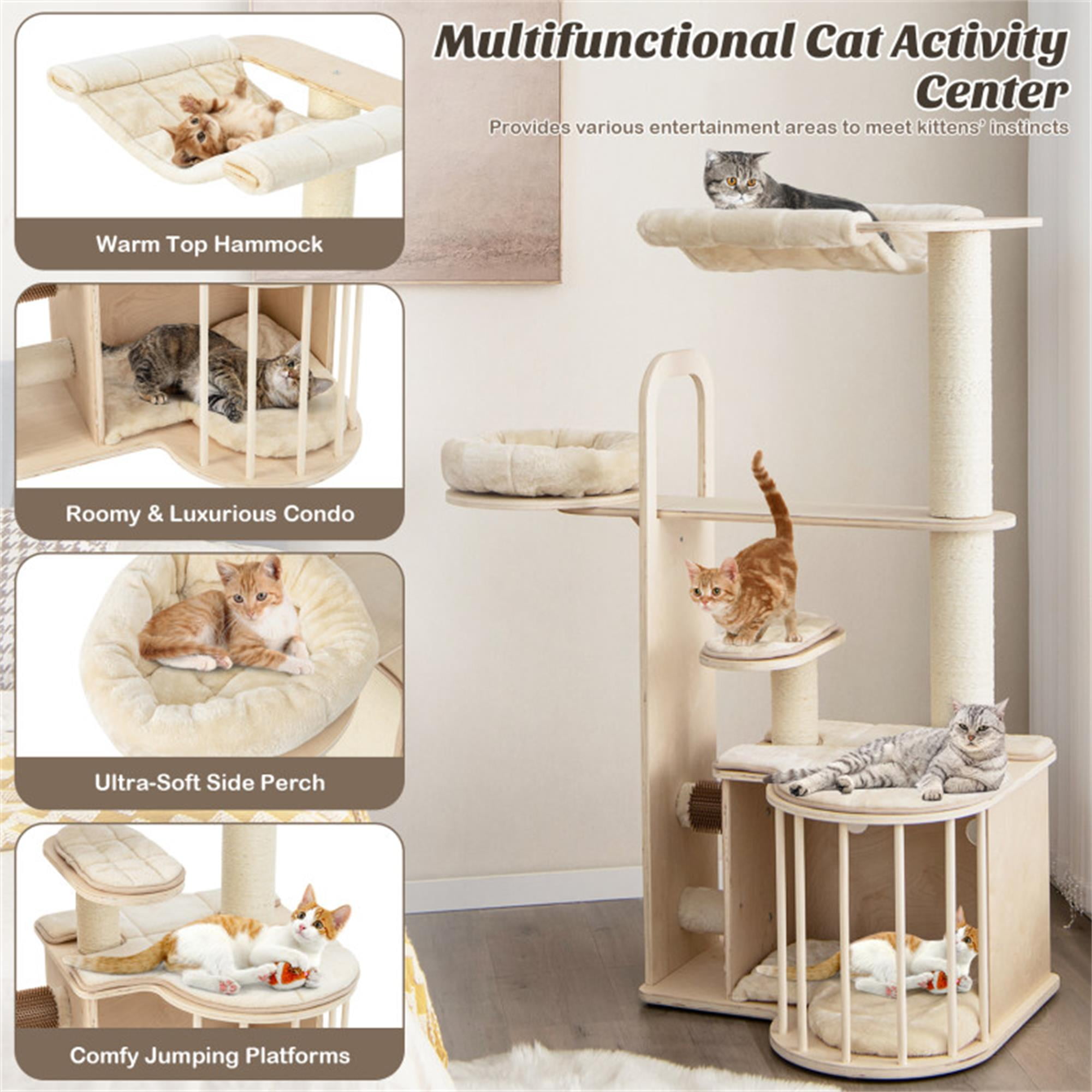 Kadyn 55" Wood Cat Tree Tower for Indoor Cats with Scratching Posts Washable Detachable Cushion, Modern Cat Condo Furniture for Large Cat, Beige