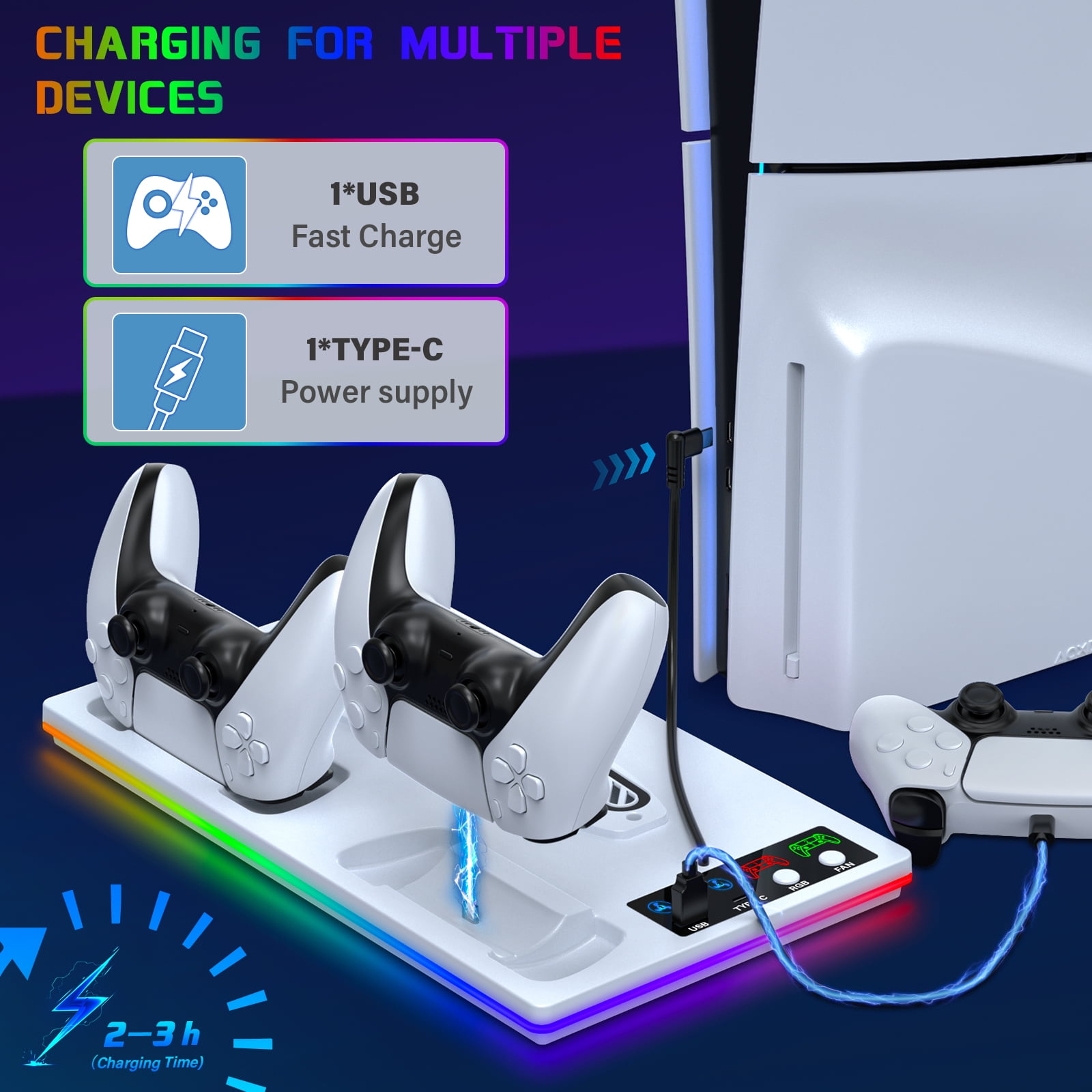 PS5 Stand Cooling Fan with PS5 Controller Charger for PlayStation 5 Slim,Disc & Digital ZRZLMVP PS5 Accessories with PS5 Cooling Station,3 Levels Adjustable Fans Speed -White