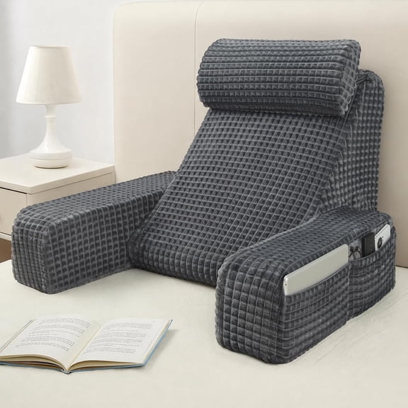 Reading Pillow,Back Pillow for Bed Sitting Up Adult,Backrest Support Pillow with Build-in Arms & XL Pockets,Rest Chair for Reading,Gaming,Relaxing,Working or Watching TV in Bed/Floor-19'' Grey