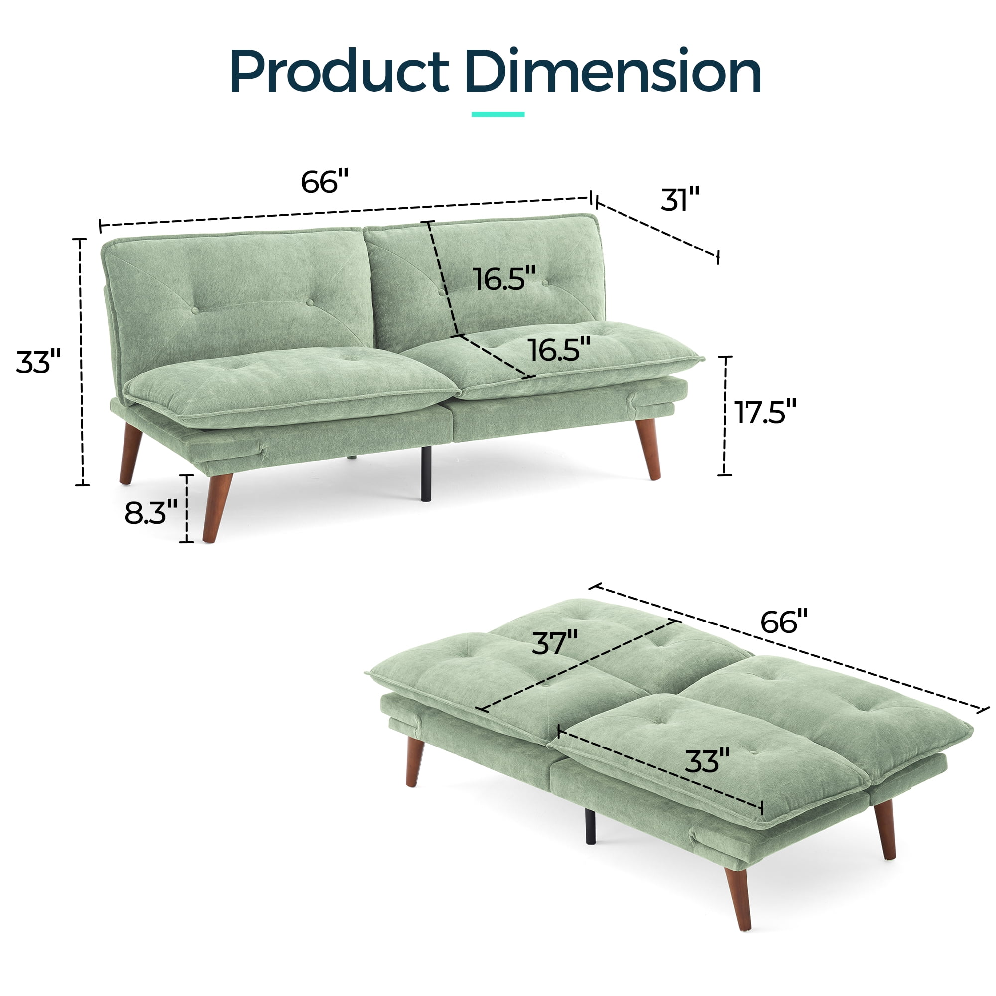 LINSY HOME Futon Sofa, Modern Loveseat Sofa, Chenille Convertible  Bed with Adjustable Armrests forA partment, Green
