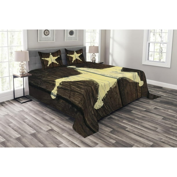 Western Bedspread Set, Southwestern Primitive Rustic Wooden Lone Star