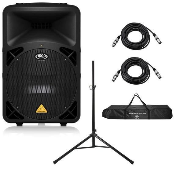 Behringer EUROLIVE B615D Active 1500W 2-Way PA Speaker System, Bundle with Turnstile Audio Speaker Stand and 2x H&A 25' XLR Microphone Cable