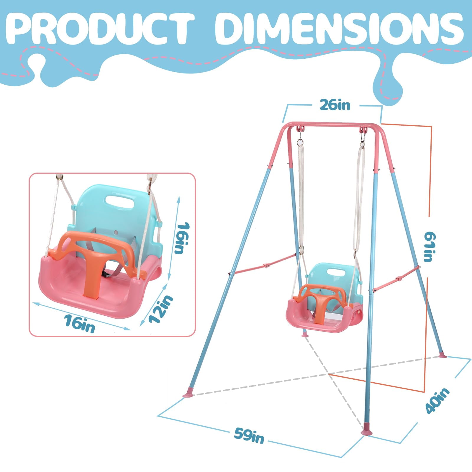 G TALECO GEAR 3-in-1 Toddler Swing Sets for Backyard, Comfy Baby Swing Outdoor Indoor, Kids Swing with Metal Stand, Pink