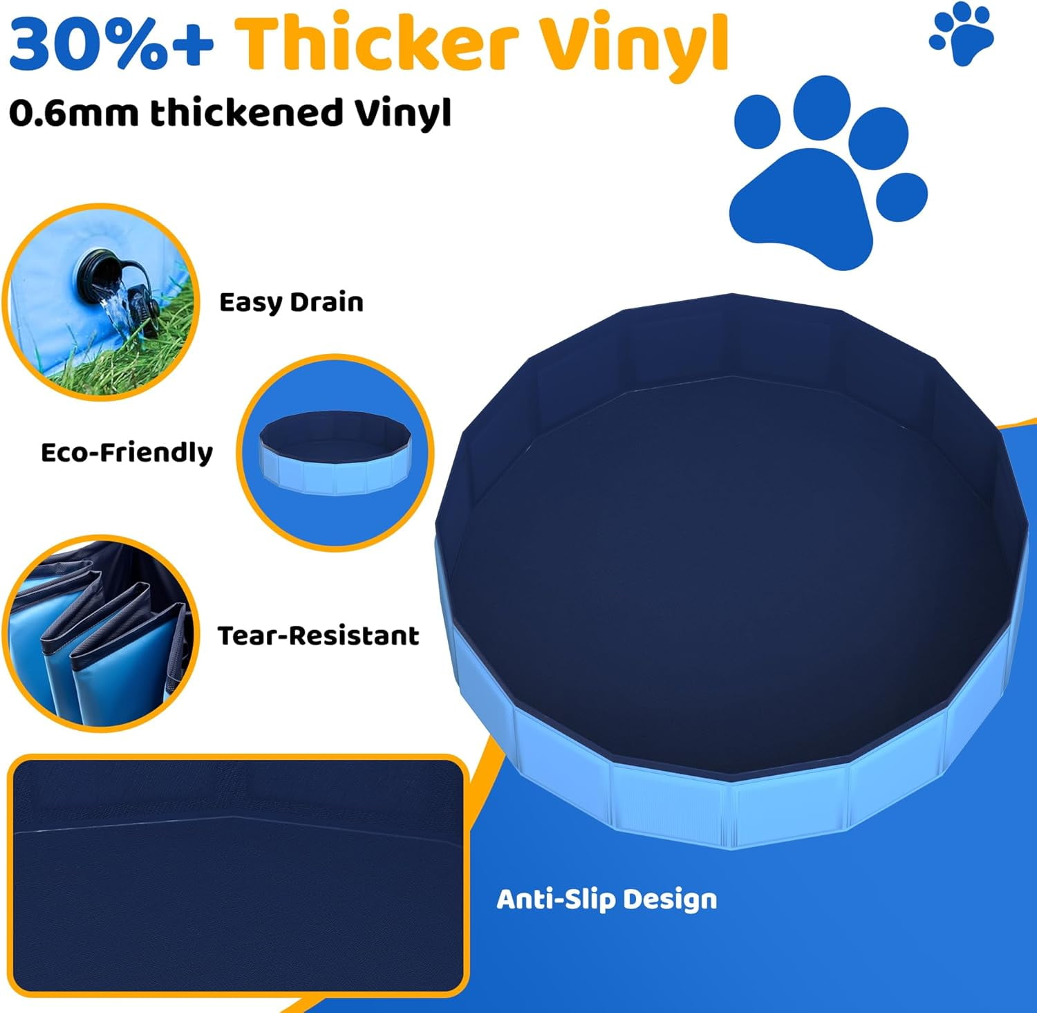 Foldable Dog Pool, 71" x 12" Large Kiddie Pool with Hard Plastic, Non-Slip Dog Bath Tub for Outdoor Backyard, Collapsible Dog Swimming Pool for Kids Dogs Pets (Blue)