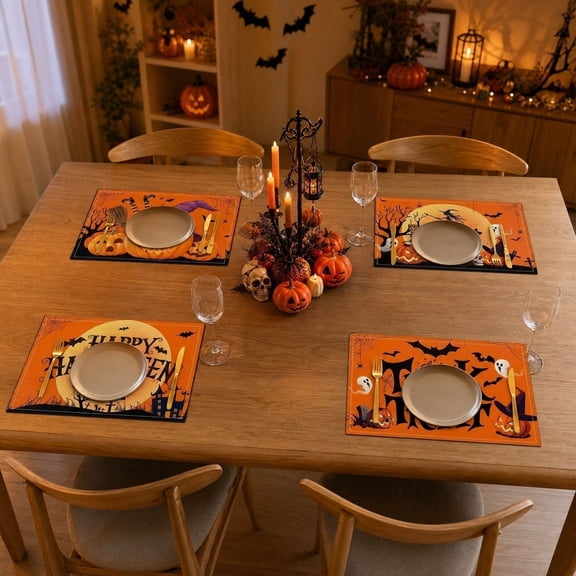 4 Pcs Halloween Placemats Set Witch Pumpkin Funny Table Place Mats Trick Or Treat Autumn Table Mats For Dining Home Table Kitchen Halloween Decoration