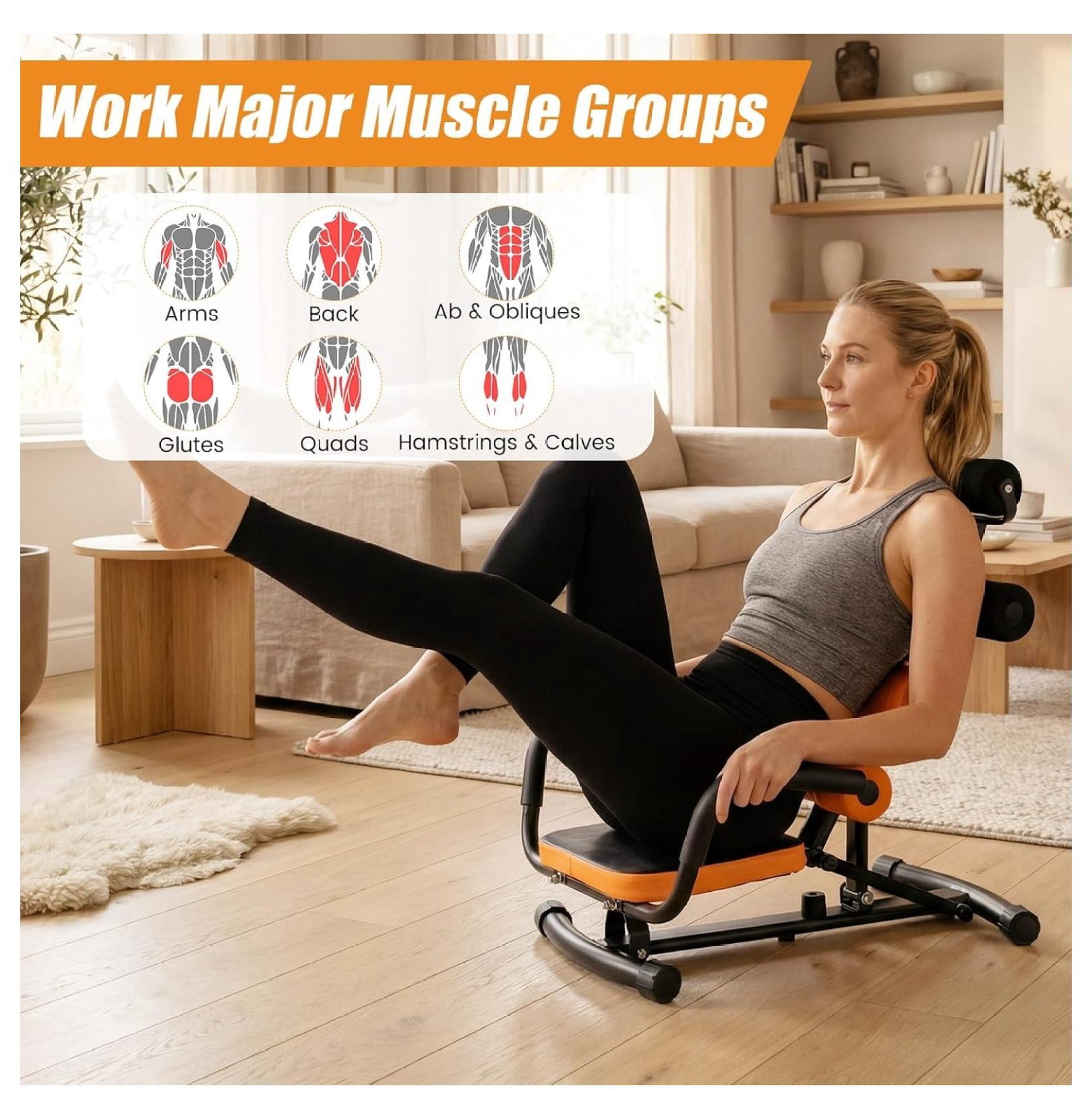 Ab Machine, Adjustable Sit Up Exercise Equipment with Foam & Handle, Multifunctional Workout Ab Trainer for Home Gym, Muscle Exercise Press for Men Women
