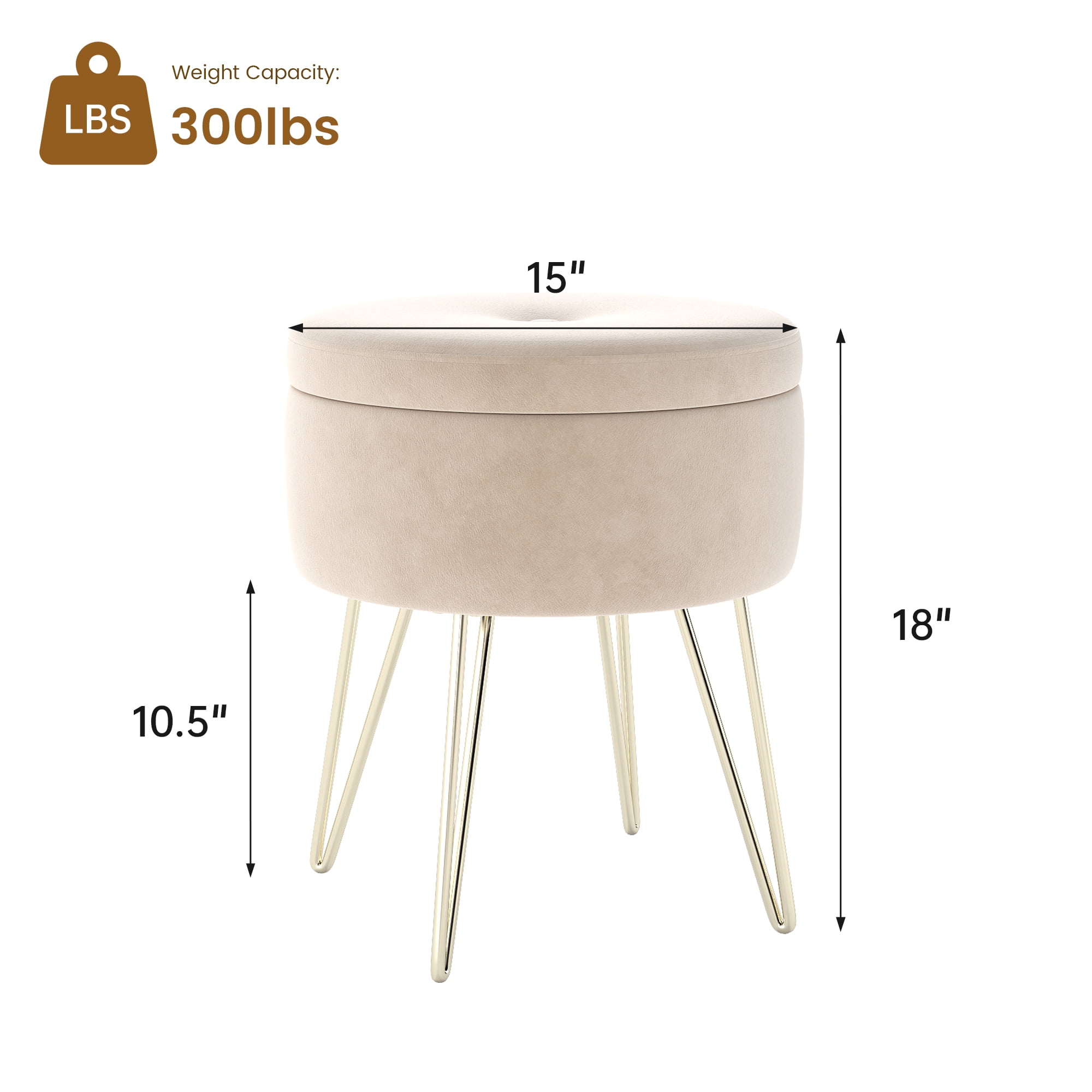 LOGYAT Velvet Round Storage Ottoman, Makeup Vanity Stool with Metal Legs, Modern Footrest Footstools Ottomans for Living Room Bedroom, Beige