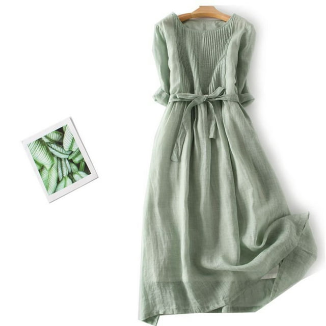 TIMIFIS Robe en Coton et Lin pour Femmes Robe Décontractée Ample Robe Longue Manches Courtes Maxi Robes Été Grande Taille Robe de Plage - Été