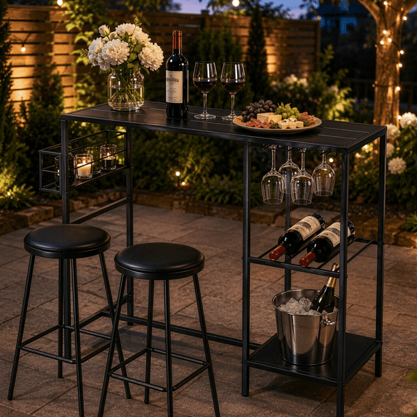 Outdoor Bar Table with Double-Tier Side Shelf, Storage Basket & Wine Glass Rack, Iron Patio Bar Table, 110 x 40 x 94 cm
