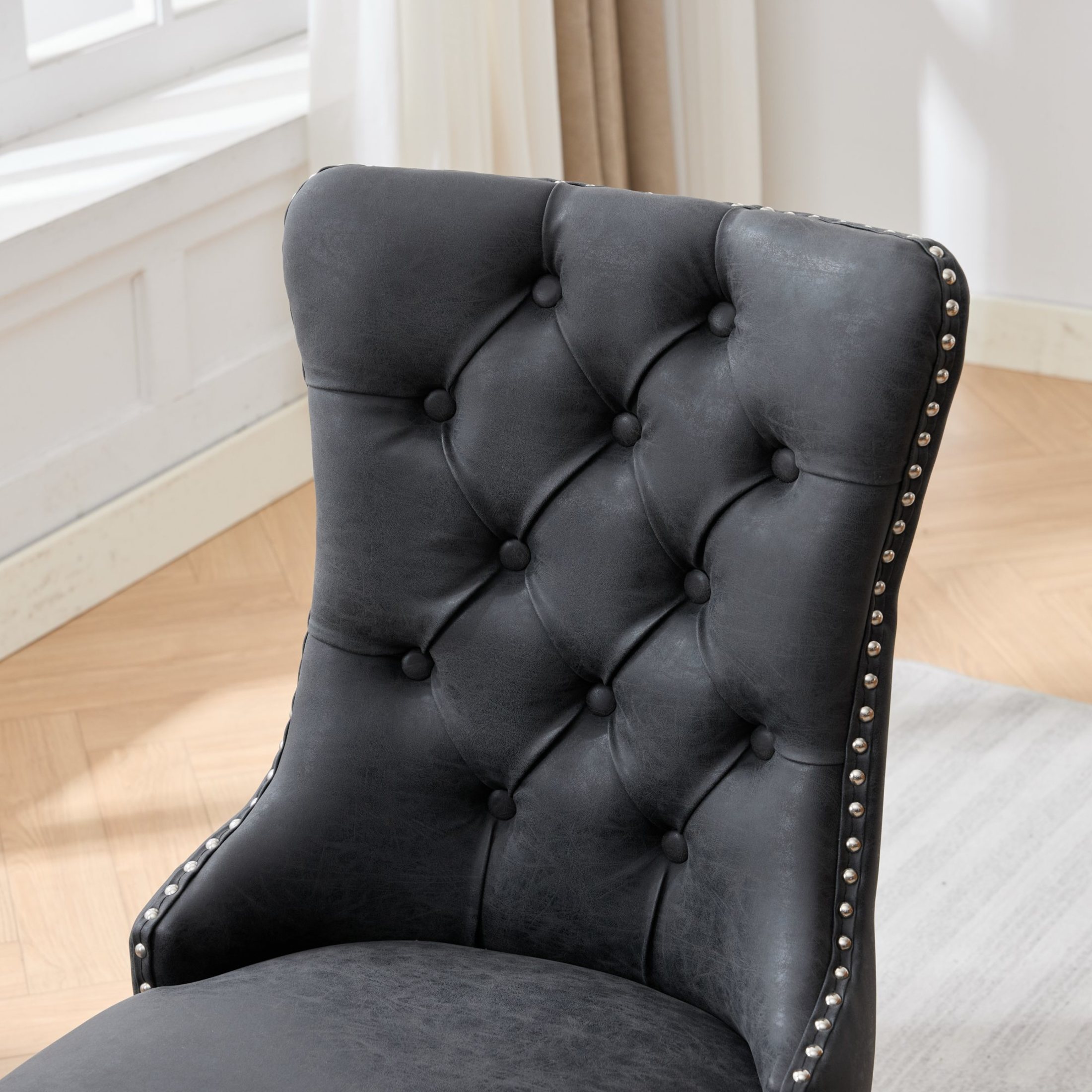 GDF Studio 24.4" Vintage Dining Chairs Set of 2 with PU Upholstery, Button-Tufted High Back, Charcoal Black