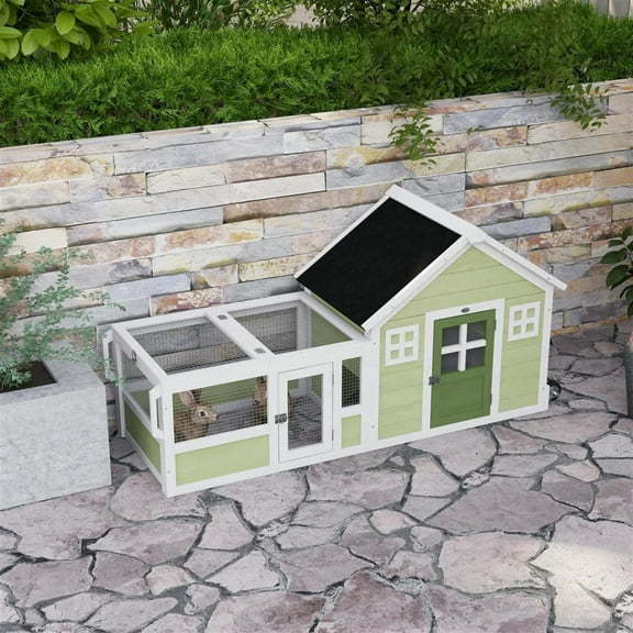 Demi Bonn 64" Wooden Rabbit Hutch with Wheels and Asphalt Roof, Outdoor Small Animal Habitat Chicken Coop Bunny Cage for Bunnies, Guinea Pigs, Green