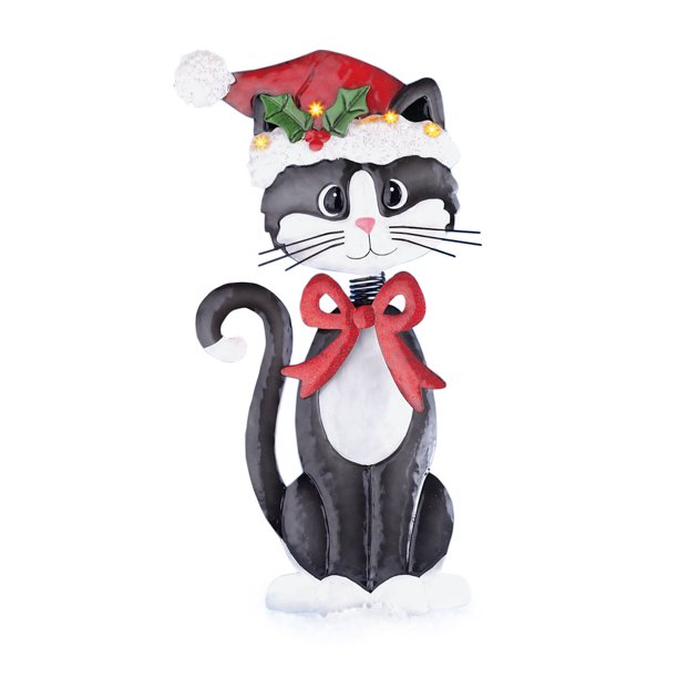 Christmas Bobble Head Cats Garden Decor Yard Stake, Red Bowtie