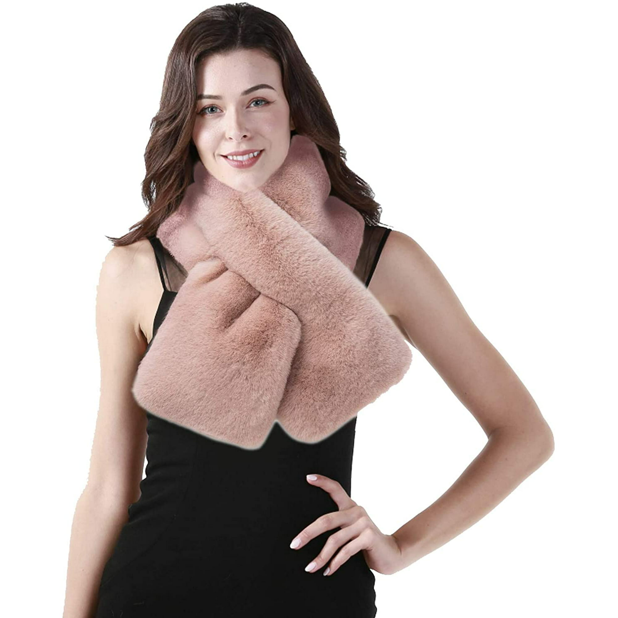 Womens Warm Faux Fur Scarf Soft Winter Stole Shrug Shawl Wraps Collar Neck  for Coat Dress(SF101-Black)