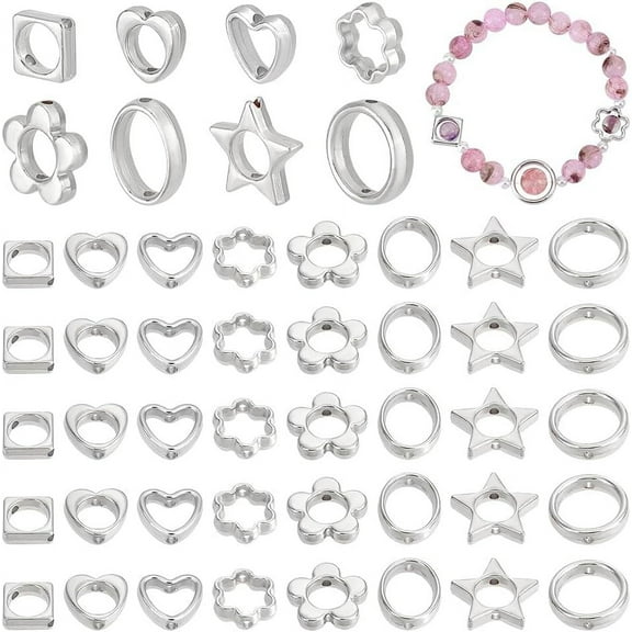 180pcs 9 Styles Bead Frames 10~16mm Double Hole Frame Spacer Beads Star/Flower/Heart Plastic Bead Hugger Frame Link Connectors for Beading DIY Earring Bracelet Necklace Jewelry Silver