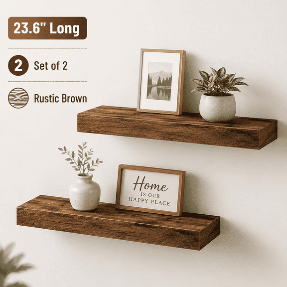 Floating Shelves for Wall, 23.6 Inch Set of 2, Rustic Brown Wood Wall Mounted Shelves for Bathroom, Kitchen, Living Room, Farmhouse Decor, Shelf