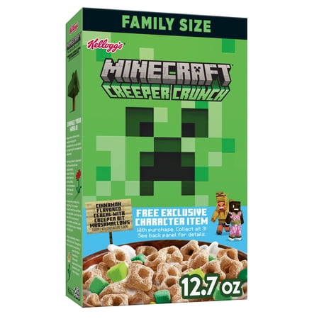 Kellogg's Minecraft Creeper Crunch Breakfast Cereal, Kids Cereal, Family Breakfast, Family Size, Cinnamon with Marshmallows, 12.7oz Box (1 Box)