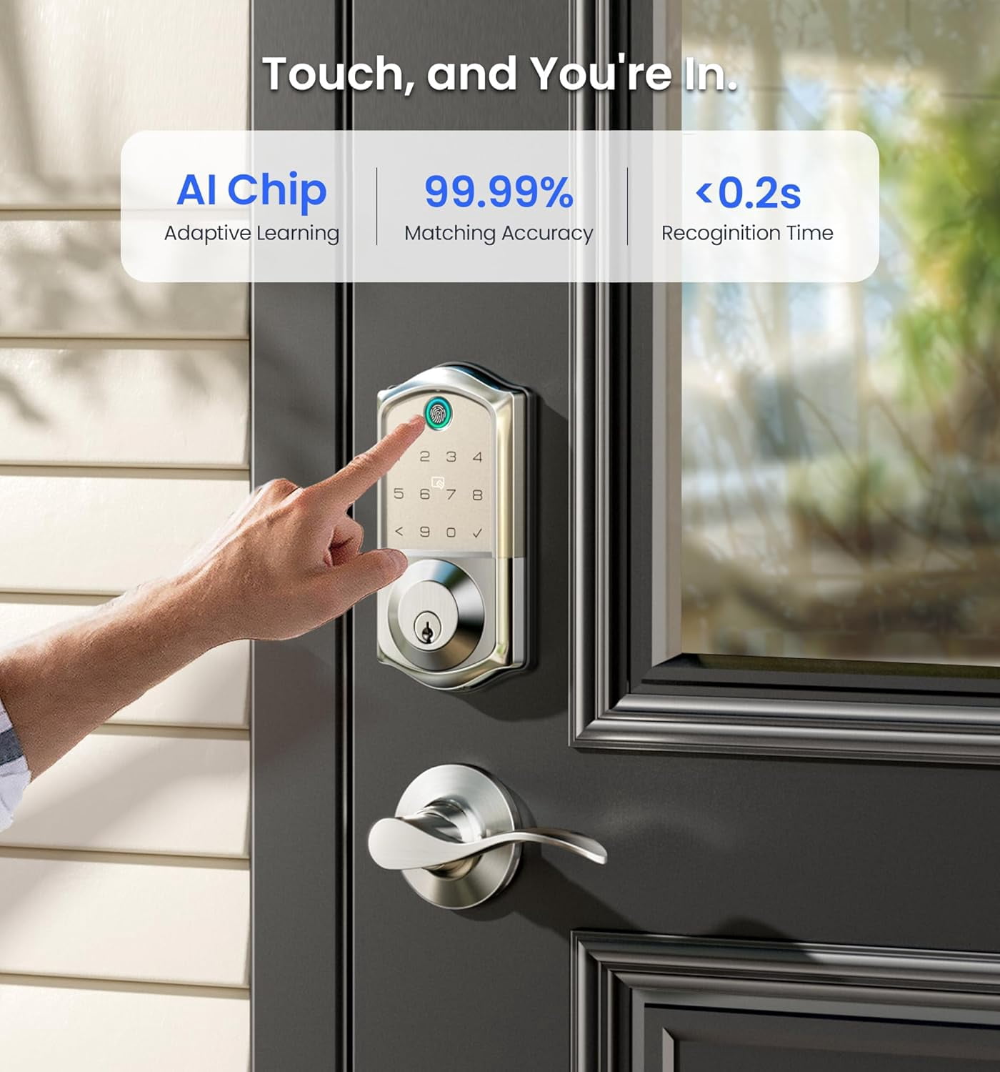 Veise Fingerprint Smart Lock with 2 Lever Handles, Keyless Entry Front Door Lock Set, App Control, Electronic Digital Keypad Deadbolt, Satin Nickel