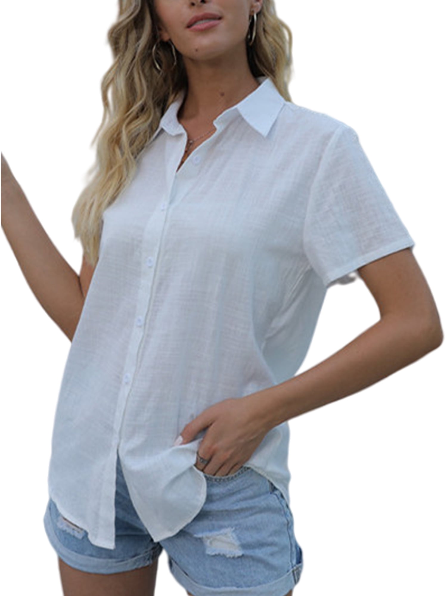 Solid Color Blouse for Women Short Sleeve V-neck Tunic Shirt Elegant