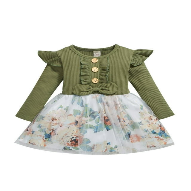 MesaSe Robe d'Automne pour Enfants Filles Robe à Manches Longues Côtelée à Fleurs avec Volants Verte 18-24 Mois