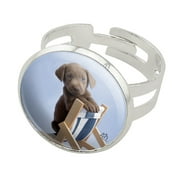 Lab Labrador Puppy Dog in Beach Lounger Chair Silver Plated Adjustable Novelty Ring