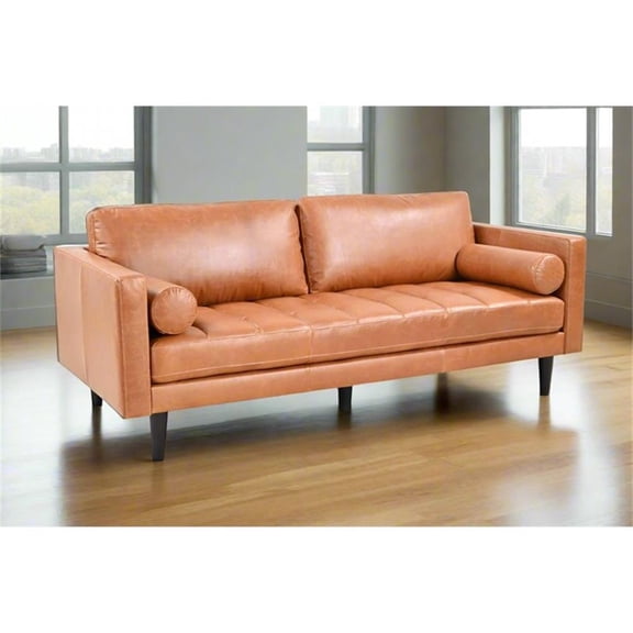 Pemberly Row Contemporary Top Grain Leather Sofa in Tan Finish