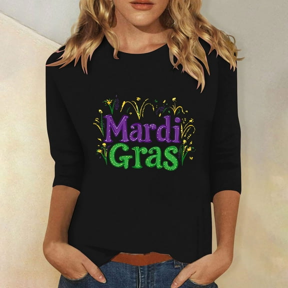 SOOMLON Mardi Gras Shirts Women Carnival Outfits Tuesday Party 3/4 Sleeve Tshirts Fancy Mask Print Tops Trendy Scoop Neck Shirts New Orleans Holiday Blouses 2025 Black XL