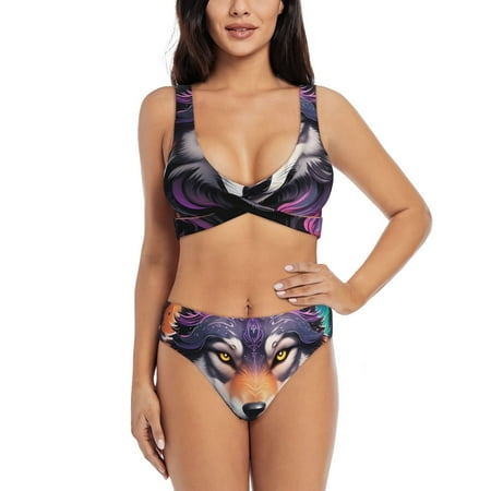 Zeuib Colorful Wolf Head A High Waisted Tummy Control Bikini Set - Knot Front Push Up Top & Cheeky Thong Bottom  Two-Piece Swimsuit for Women-XX-Large