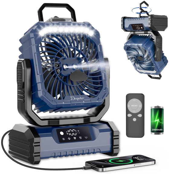 Camping Fan with LED Light, 20000mAh Battery Operated Rechargeable Camping Misting Fan with Hanging Hook, Outdoor Tent Cooling Mist Fans for Home, Office, Car RV, Garden, Travel, Beach - Blue