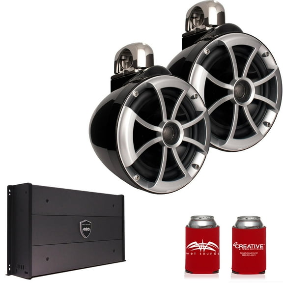 Wet Sounds ICON8B-FC 8" Black Tower Speakers with Stainless Steel Fixed Clamps & SYN-DX2.3 1200 Watt Amplifier