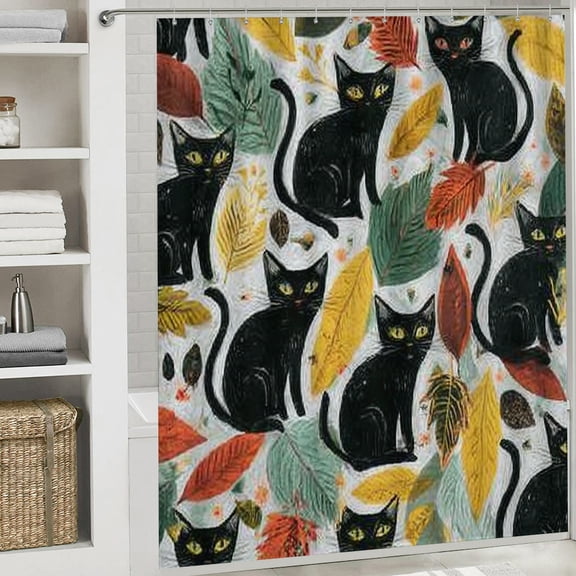 RKSupls Christmas Shower Curtain, Black Cat Shower Curtain with Hooks for Christmas Home Bathroom Decor Washable Curtains, 72x72 in