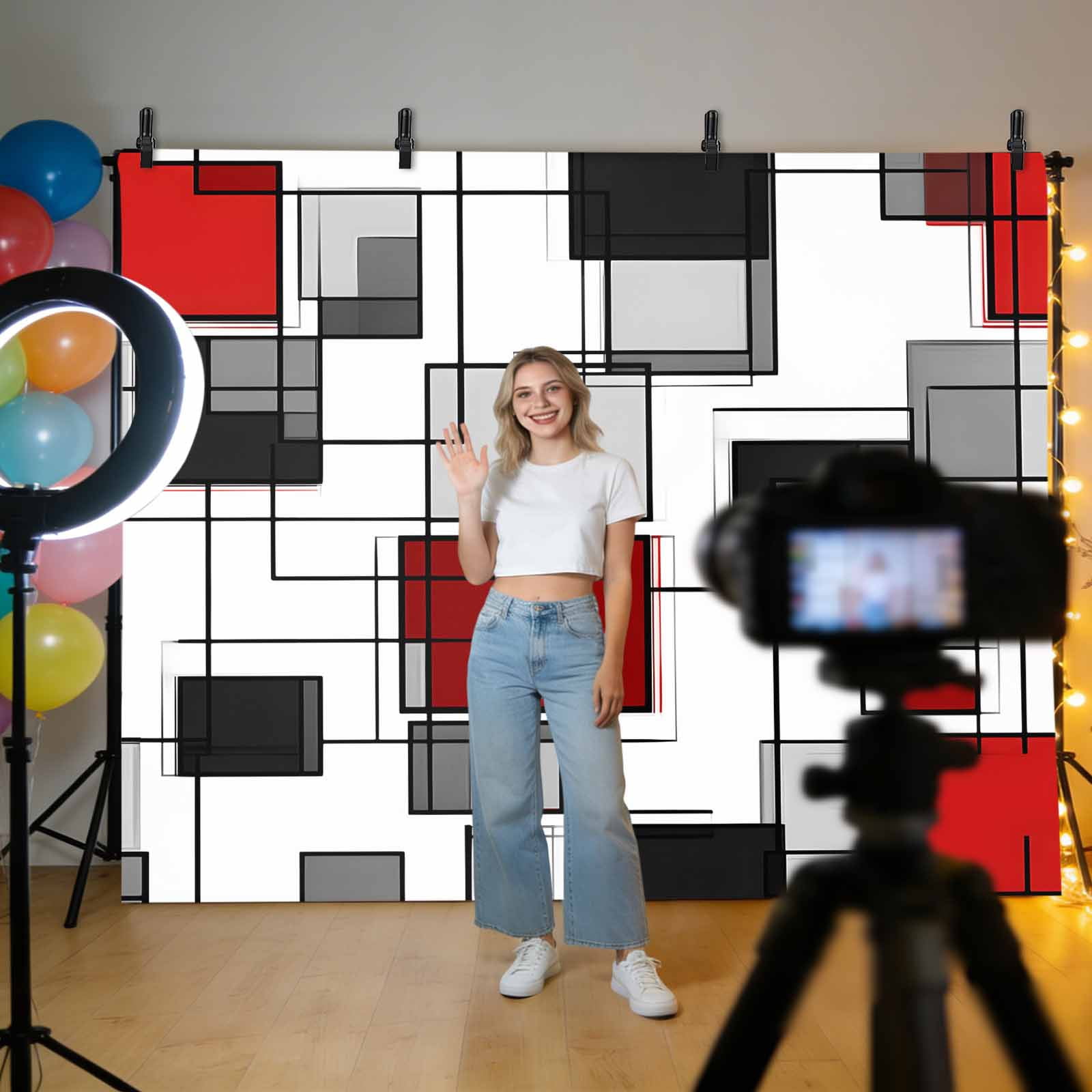 Space Design Sense Backdrop for Photography, Abstract Black Line Red Suqare Stitching Photo Backdrop Portrait Background Party Banner Photo Backgrounds for Studio Booth Props, 7x5ft