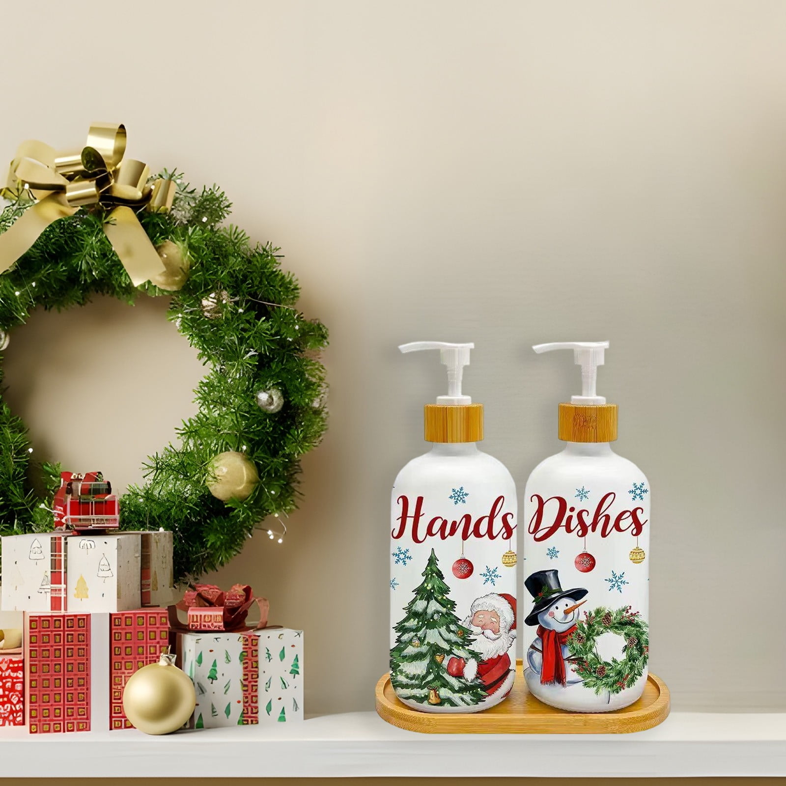 Loyerfyivos Christmas Soap Dispenser Set 2 Pack Snowman Tree Glass Pump Bottles Holiday Hand Soap Lotion Dispenser For Kitchen Bathroom Countertop Decor