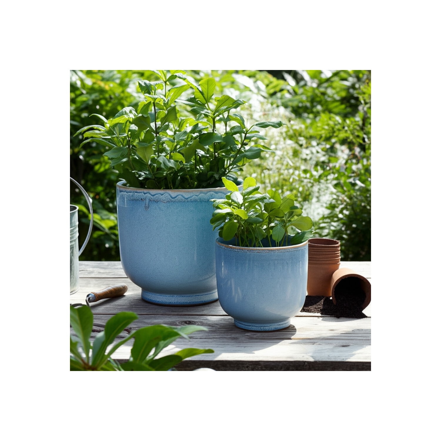 Elegant Glazed Ceramic Flower Pots for Home Decor - Planters for Living Room Decor, Patio, and Garden Styling - Decorative Pots for Plants for Indoor and Outdoor - Set of 2, 8", 6", Blue
