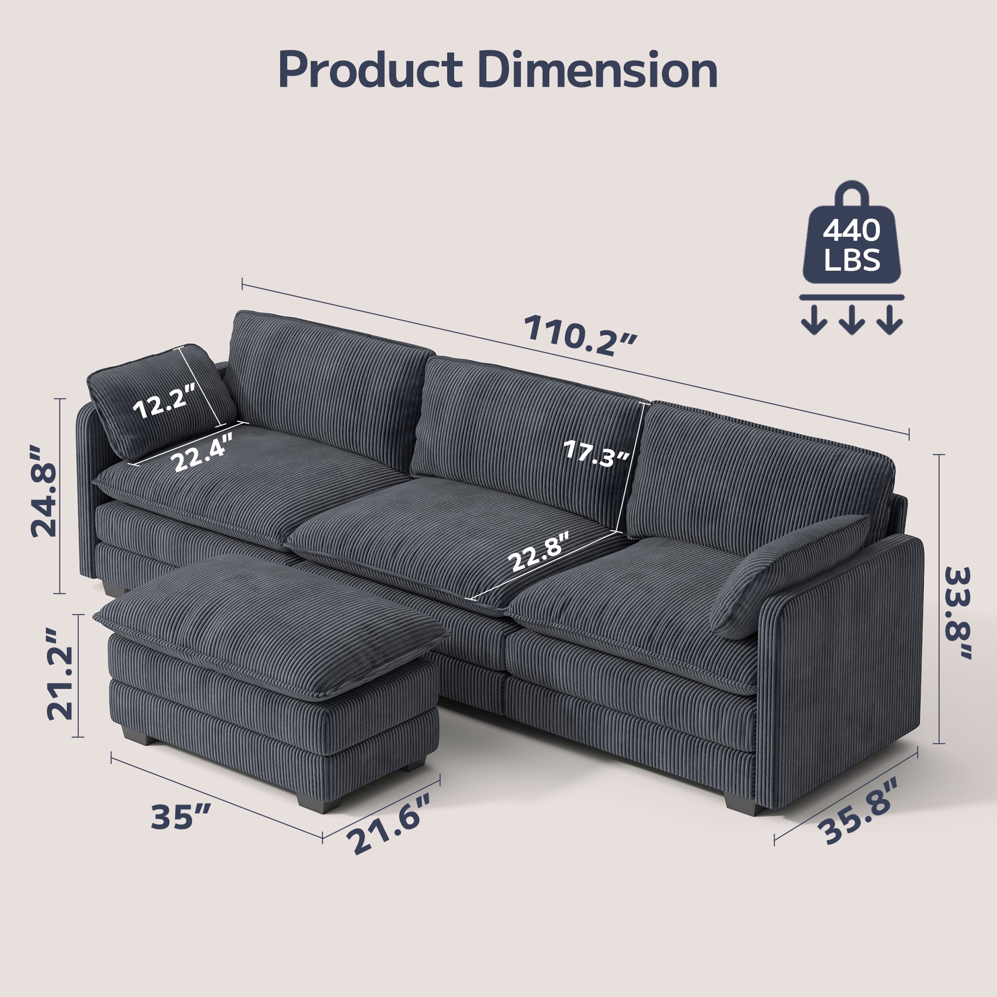 Asofer Sectional Couches for Living Room, L-Shaped Sofa Couch with Comfy Chenille, 3 Seat Sofa Set with Chaise for Apartment (Fabric, Grey)