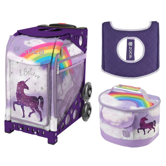 Zuca 18" Sport Bag - (Unicorn 2) with Lunchbox and Zuca Seat Cover (Purple Frame)