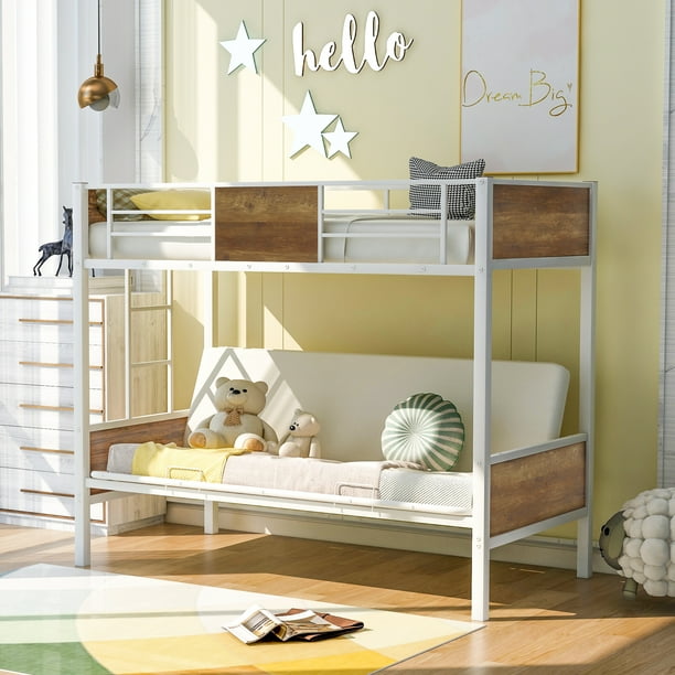 TwinOverFuton Bunk Bed, Metal Futon Bunk Bed Frame with Guardrails