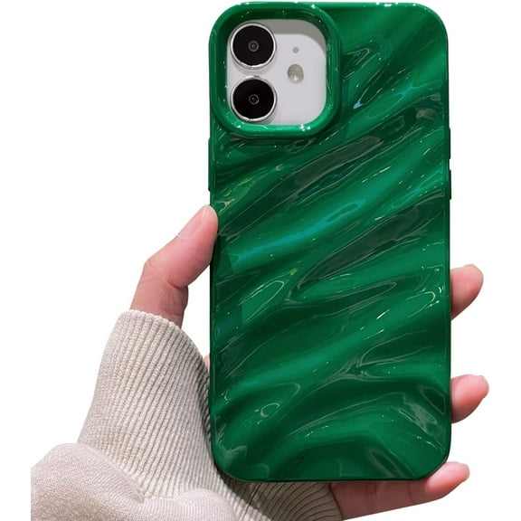 Compatible for iPhone 12/12 Pro Case 3D Fold Wave Cute Sparkle Glitter Fashion Luxury Soft TPU Shockproof Protect Women Girl Teen Phone Case for iPhone 12/12 Pro 6.1''-Ancient Green