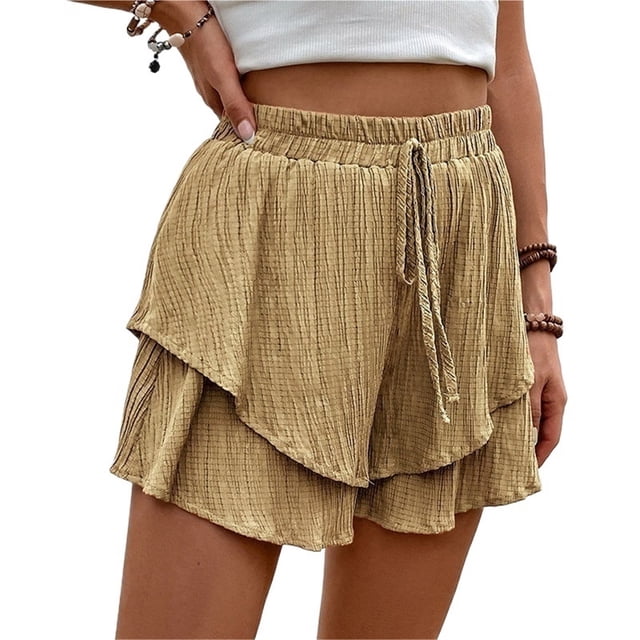 Pantalones cortos fluidos for mujer, falda pantalón estilo bohemio con volantes y mariposas, cintura alta, tela texturizada, doble capa, Color sólido, informal