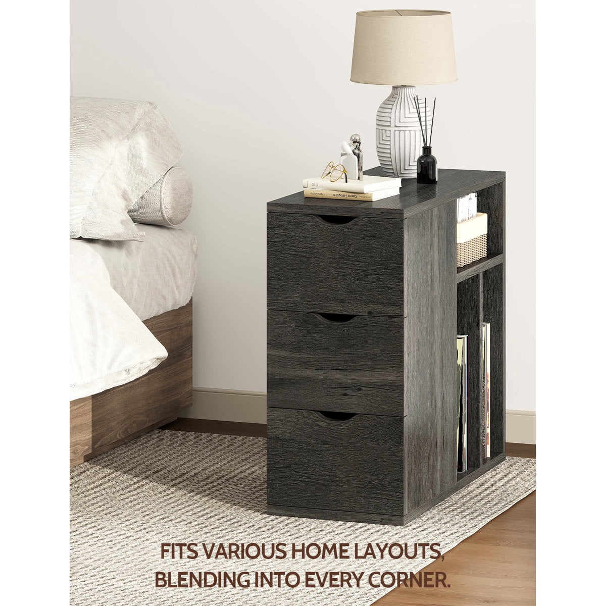 Vividwood Narrow End Table with 3 Drawers and Storage Shelves for Living Room, Bedroom, Black