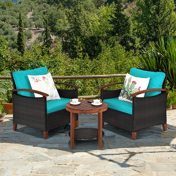 Gymax Ensemble de Conversation en Rotin Osier pour Patio 3 Pcs Ensemble de Meubles d'Extérieur avec Coussin Turquoise