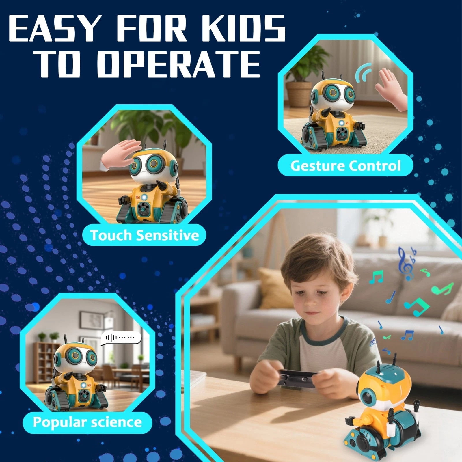 Ficcug Remote Control Robot Toys for Kids,Recording/Voice changing/Touch Sensing,Educational Programmable Interactive Smart Cute Robot for 3-6 Year Old Boys Girls Toddlers,Yellow
