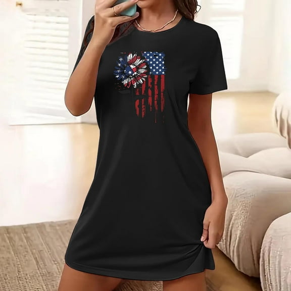 Elvqul Nightgowns for Women Under $10 Pajamas Dress for Women Black Short Sleeve Nightgowns