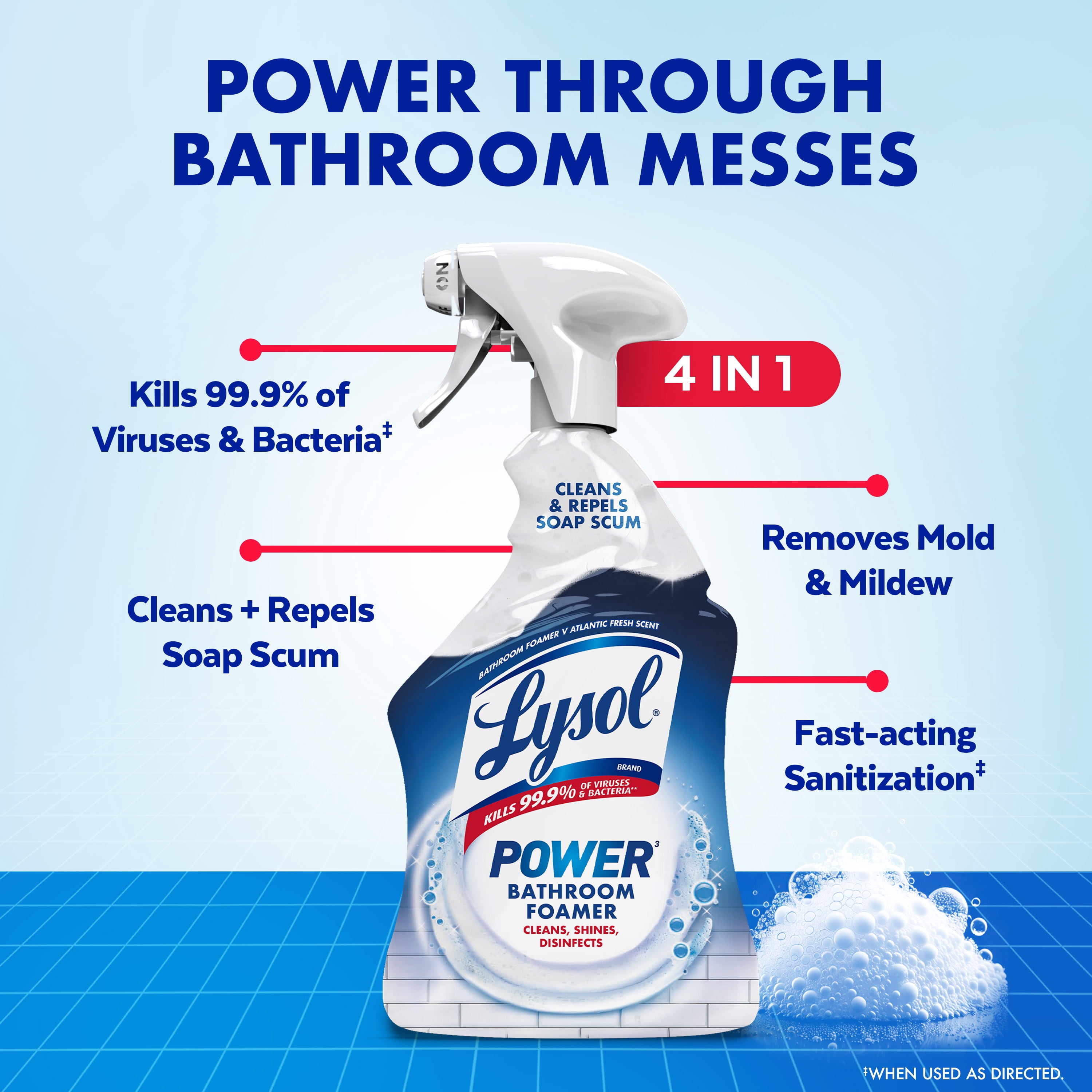 Lysol Power Foaming Bathroom Cleaner, Multipurpose Cleaner & Disinfectant Spray, Household Cleaning Supplies, for Bathtub, Tile, Sink & Shower, Zero Bleach, 32 fl oz