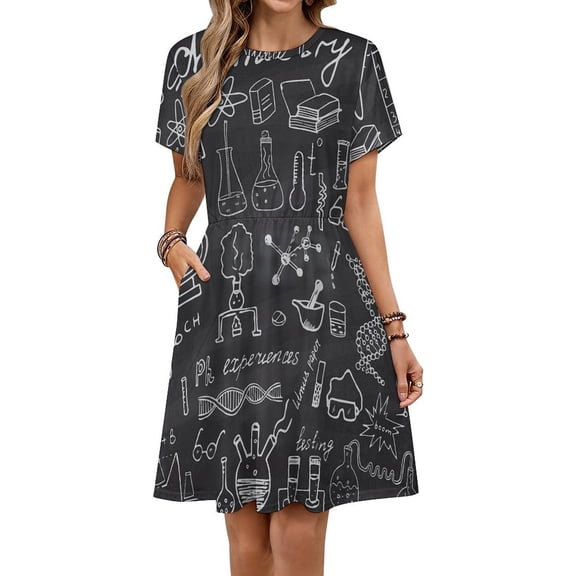 Chemistry And Science Elements Doodle Icons Dress Fashion Beach Short Sleeve Dresses Female Party Printed Sundress