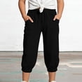 thumbnail image 2 of Girls Linen Capri Pants - Summer Loose Joggers Elastic High Waist Beach Capris Casual Cropped Trousers with Pockets for Kids Youth，Age 4-15 (Black/140), 2 of 5
