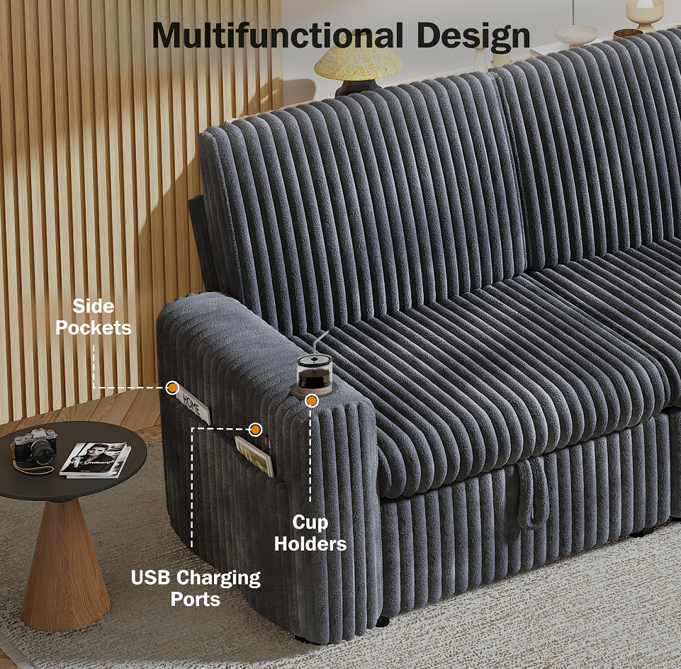 101” Detachable Mattress Sleeper Sofa with Pull-Out Mattress - L-Shaped Design, Adjustable Backrest + Reversible Storage Chaise, USB Ports/Cup Holders, Quick Assembly, Soft Gray Corduroy