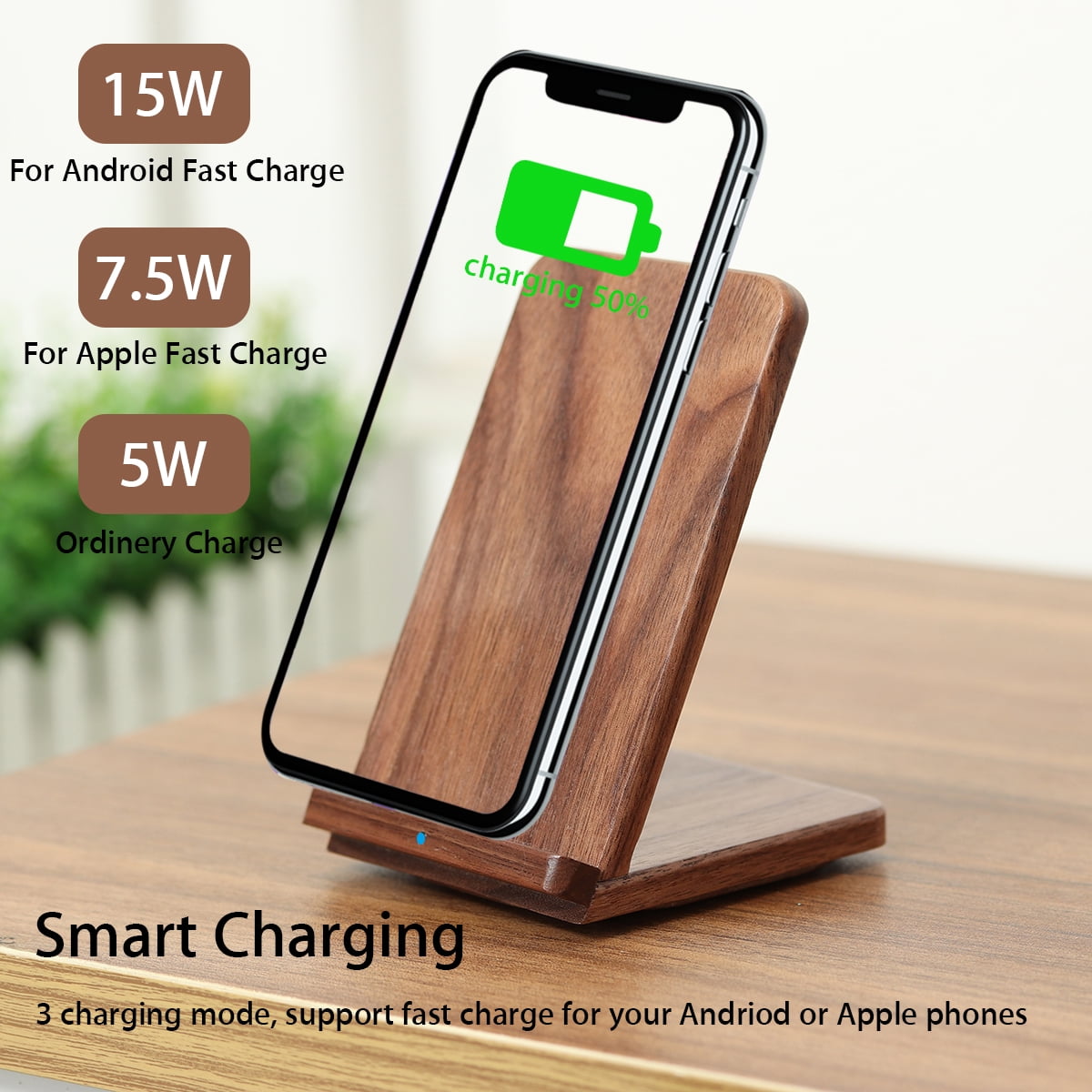 INSMA New 15W Walnut Wooden Qi Wireless Charger Pad Portable Fast