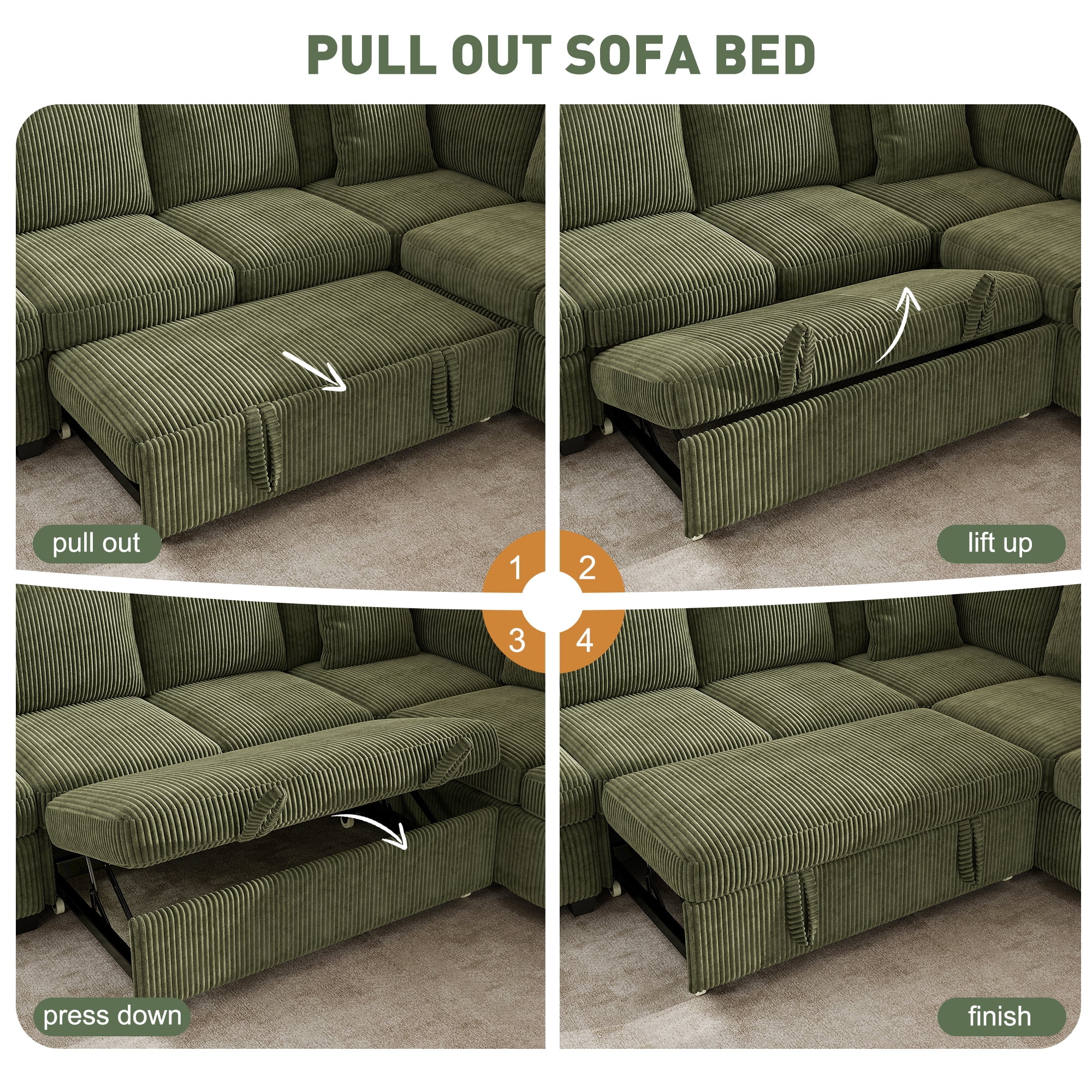 BedLuxury 59" Loveseat With Pull Out Bed, Sleeper Sofa Bed With USB Charging & Side Storage for Small Spaces, Corduroy Green